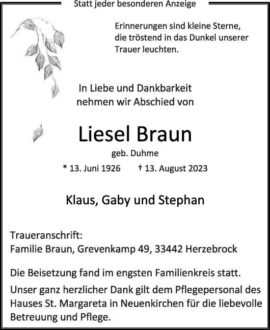 Traueranzeige von Liesel Braun von Die Glocke