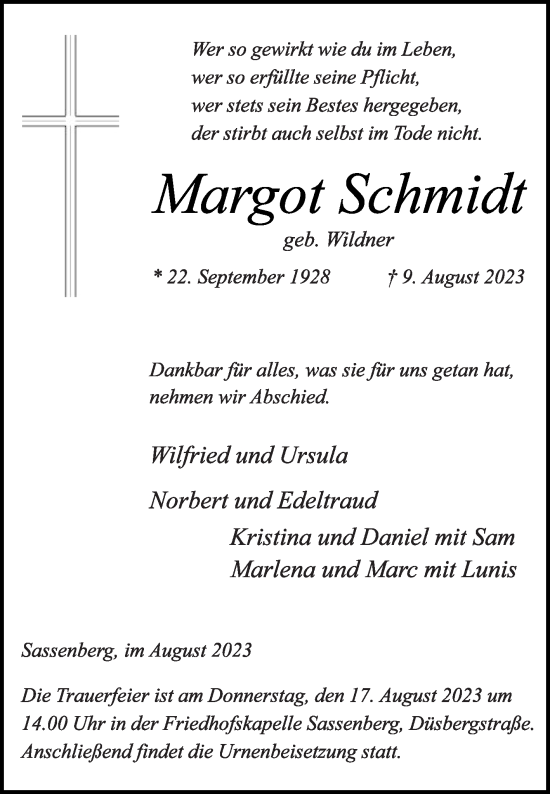 Traueranzeige von Margot Schmidt von Die Glocke