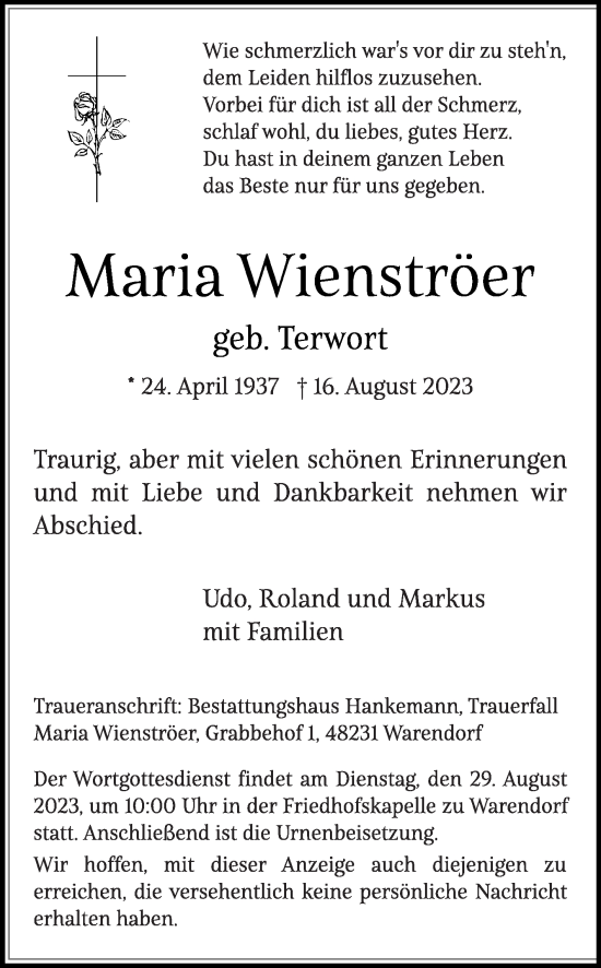 Traueranzeige von Maria Wienströer von Die Glocke