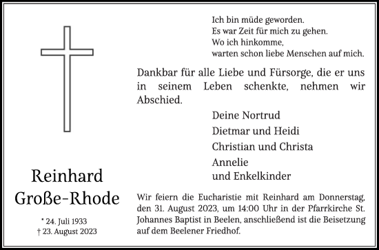 Traueranzeige von Reinhard Große-Rhode von Die Glocke