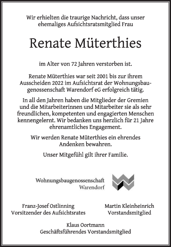 Traueranzeige von Renate Müterthies von Die Glocke