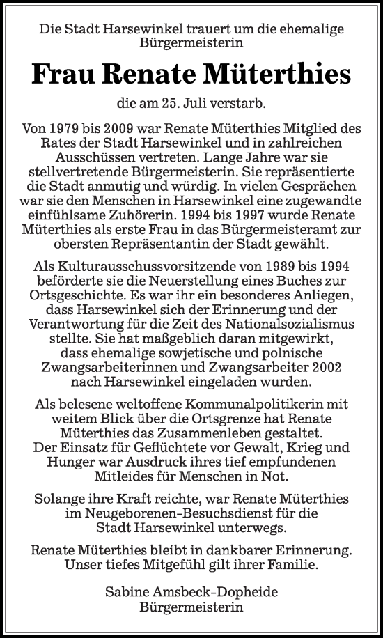 Traueranzeige von Renate Müterthies von Die Glocke