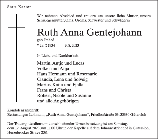 Traueranzeige von Ruth Anna Gentejohann von Die Glocke