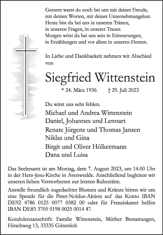 Traueranzeige von Siegfried Wittenstein von Die Glocke