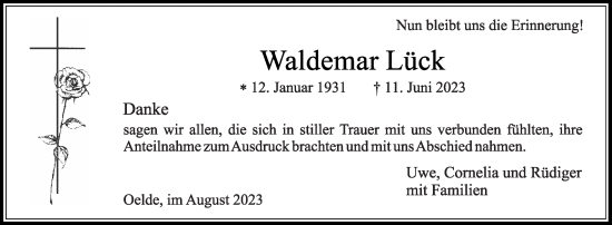 Traueranzeige von Waldemar Lück von Die Glocke