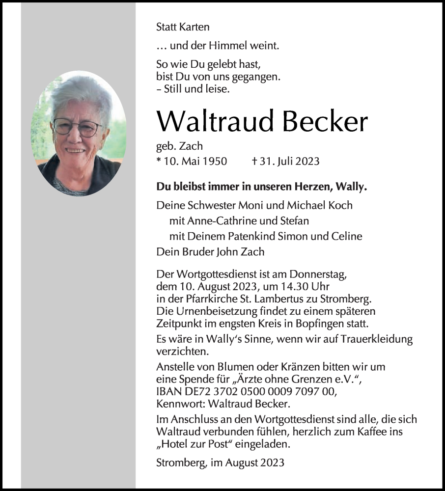  Traueranzeige für Waltraud Becker vom 05.08.2023 aus Die Glocke