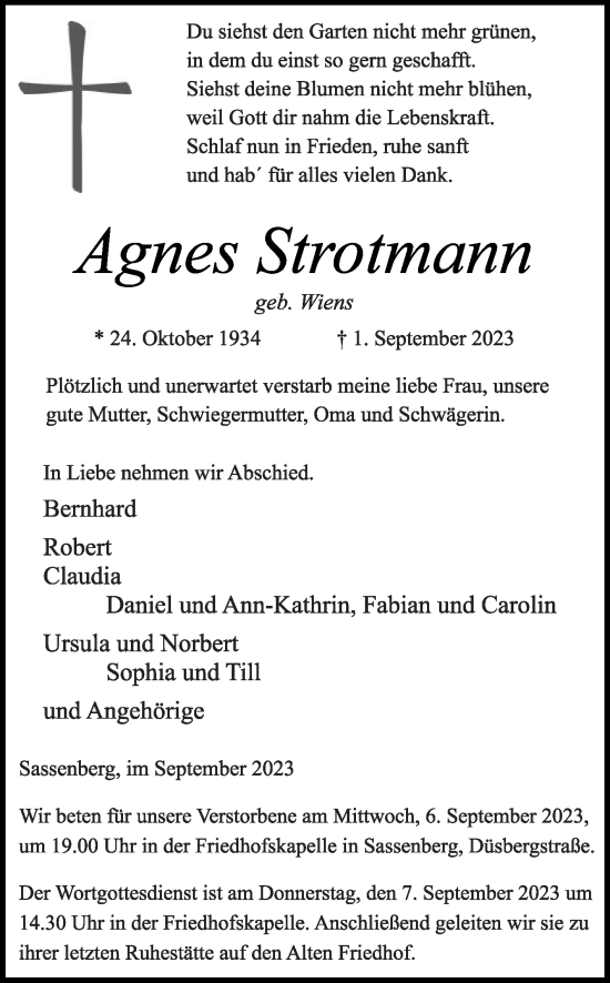 Traueranzeige von Agnes Strotmann von Die Glocke
