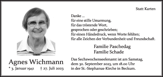 Traueranzeige von Agnes Wichmann von Die Glocke
