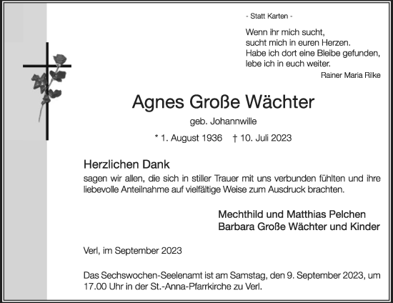 Traueranzeige von Agnes Große Wächter von Die Glocke