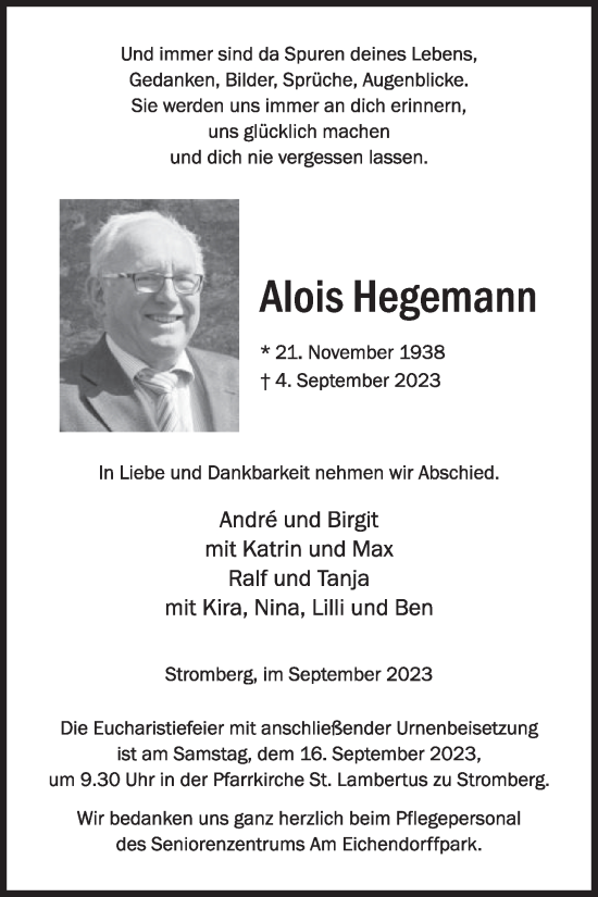 Traueranzeige von Alois Hegemann von Die Glocke