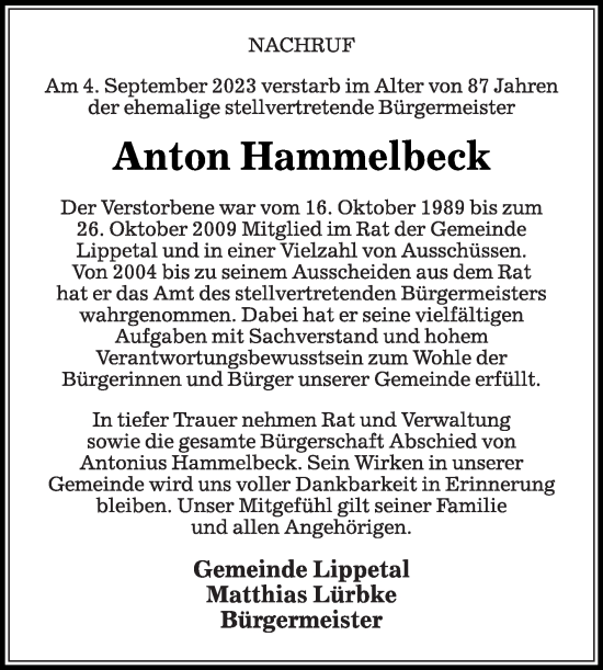 Traueranzeige von Anton Hammelbeck von Die Glocke