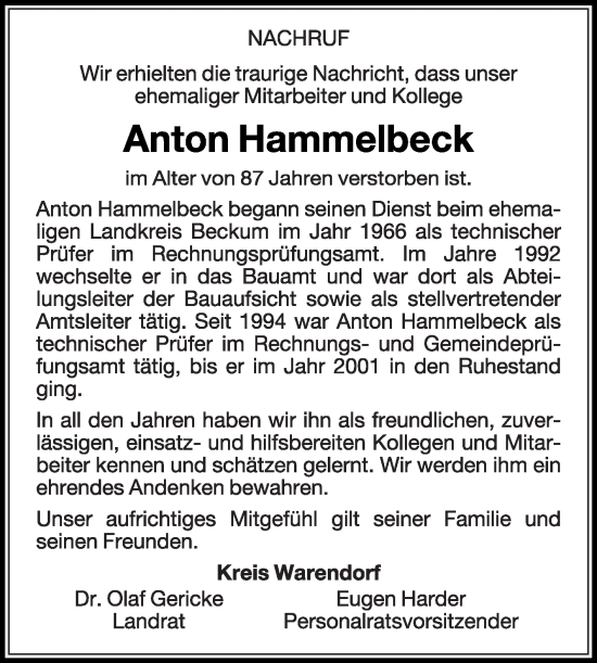 Traueranzeige von Anton Hammelbeck von Die Glocke