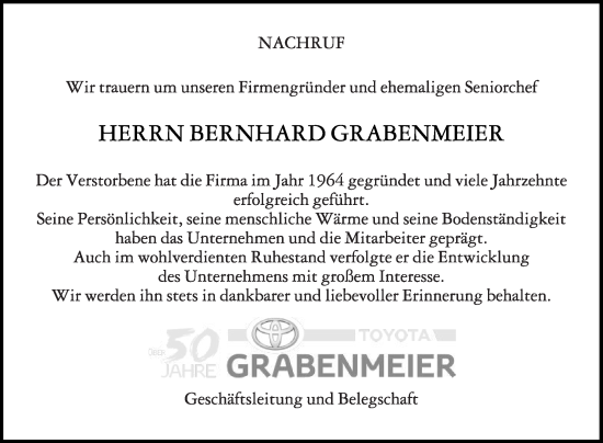 Traueranzeige von Bernhard Grabenmeier von Die Glocke