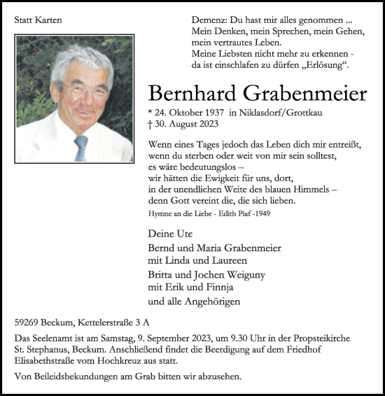 Traueranzeige von Bernhard Grabenmeier von Die Glocke