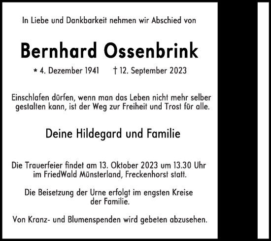 Traueranzeige von Bernhard Ossenbrink von Die Glocke