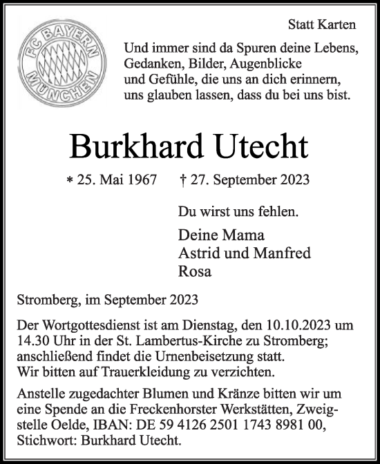 Traueranzeige von Burkhard Utecht von Die Glocke