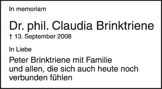 Traueranzeige von Claudia Brinktriene von Die Glocke