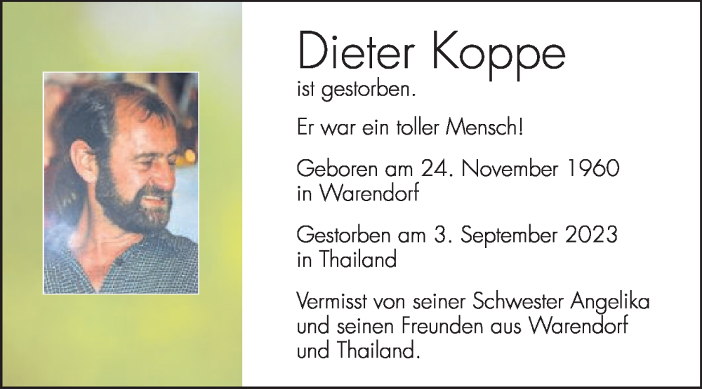  Traueranzeige für Dieter Koppe vom 16.09.2023 aus Die Glocke