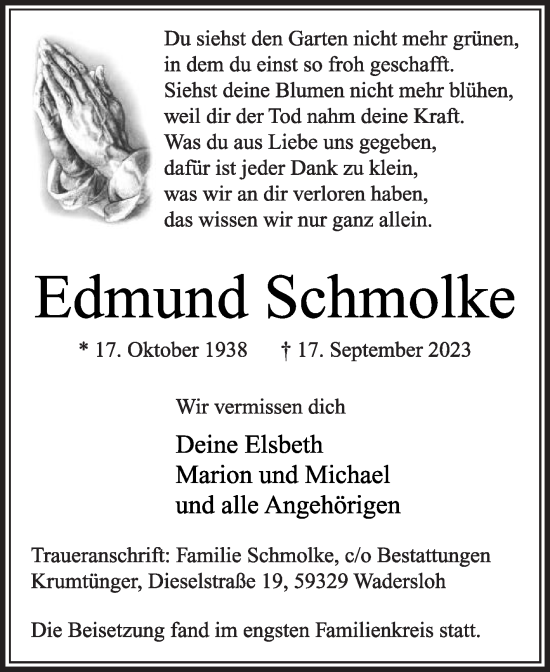 Traueranzeige von Edmund Schmolke von Die Glocke