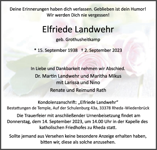 Traueranzeige von Elfriede Landwehr von Die Glocke