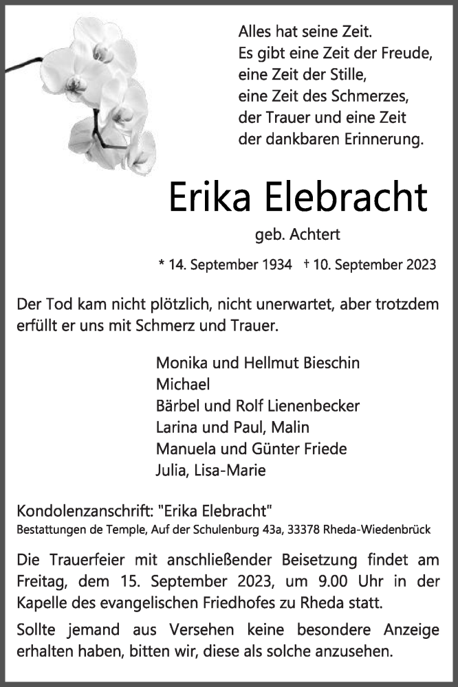  Traueranzeige für Erika Elebracht vom 13.09.2023 aus Die Glocke
