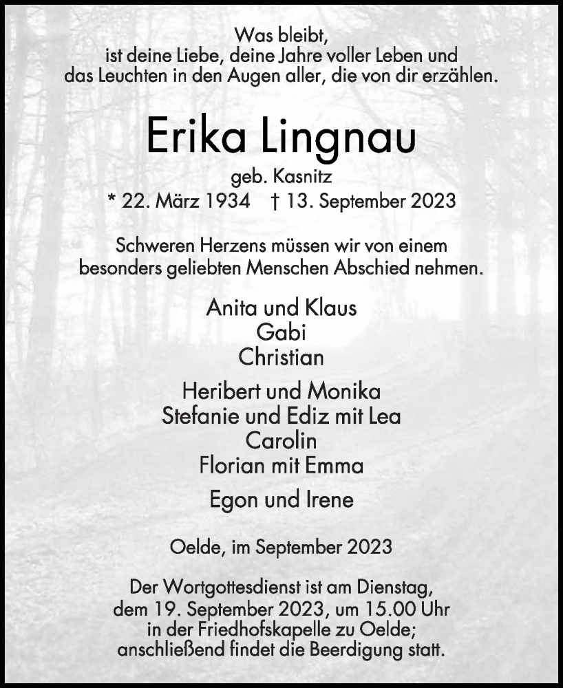 Traueranzeige für Erika Lingnau vom 16.09.2023 aus Die Glocke