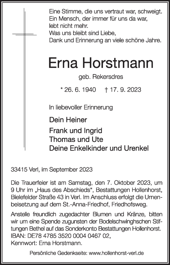 Traueranzeige von Erna Horstmann von Die Glocke