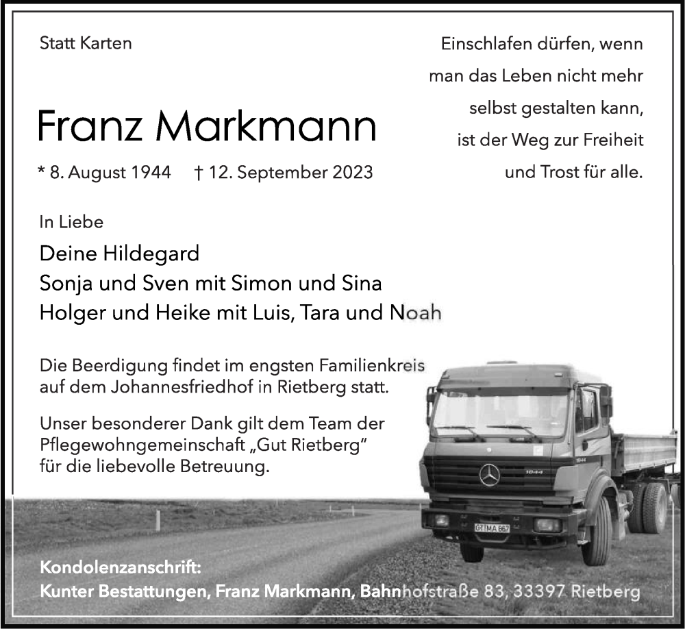  Traueranzeige für Franz Markmann vom 16.09.2023 aus Die Glocke