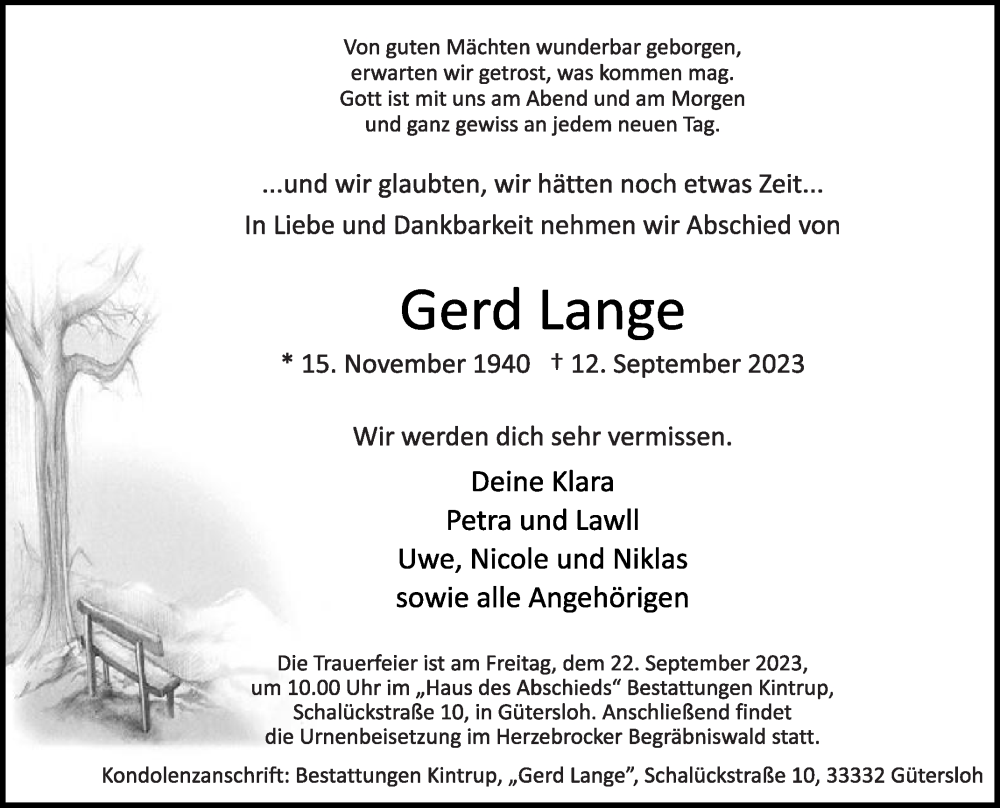  Traueranzeige für Gerd Lange vom 16.09.2023 aus Die Glocke