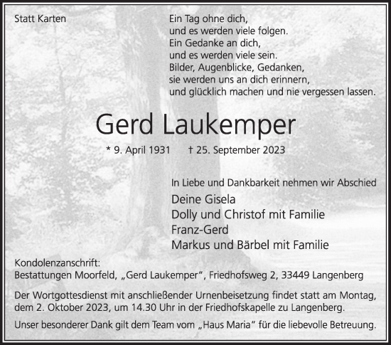 Traueranzeige von Gerd Laukemper von Die Glocke