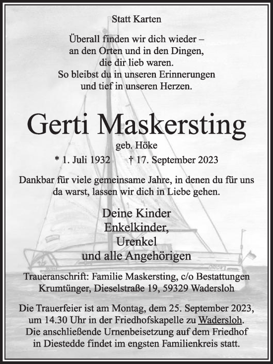 Traueranzeige von Gerti Maskersting von Die Glocke