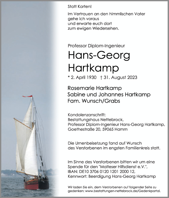 Traueranzeige von Hans-Georg Hartkamp von Die Glocke