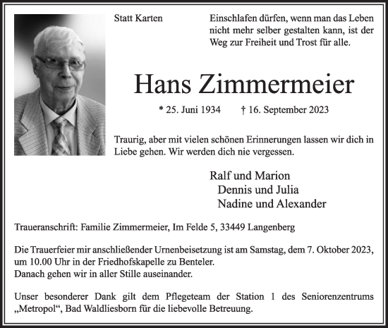 Traueranzeige von Hans Zimmermeier von Die Glocke