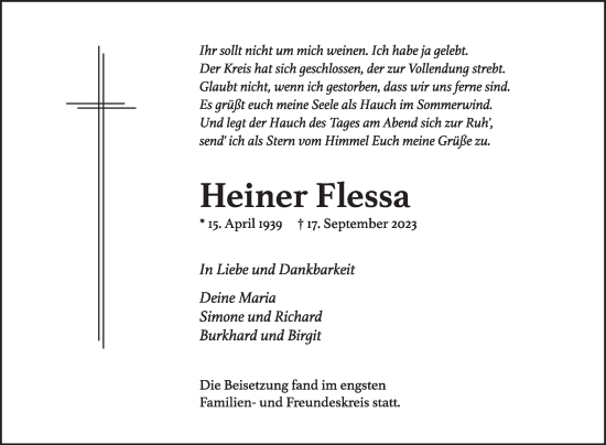 Traueranzeige von Heiner Flessa von Die Glocke