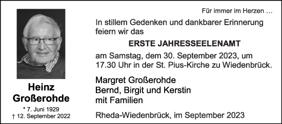 Traueranzeige von Heinz Großerohde von Die Glocke