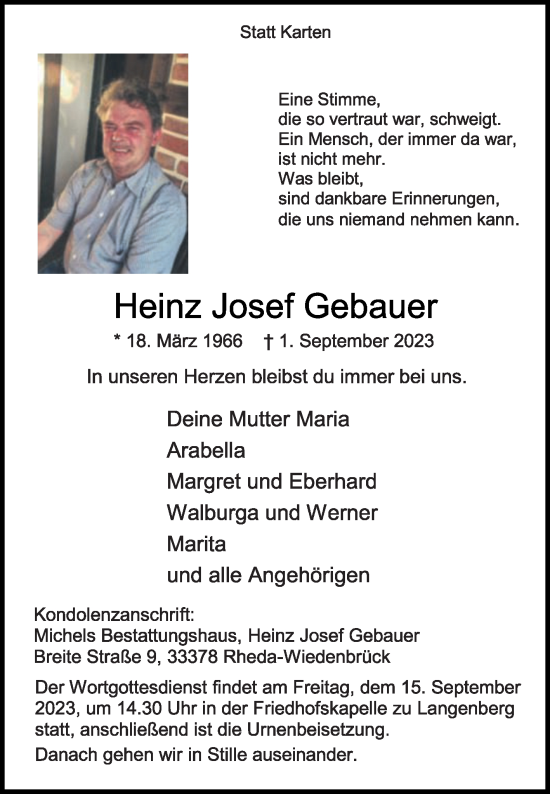 Traueranzeige von Heinz Josef Gebauer von Die Glocke