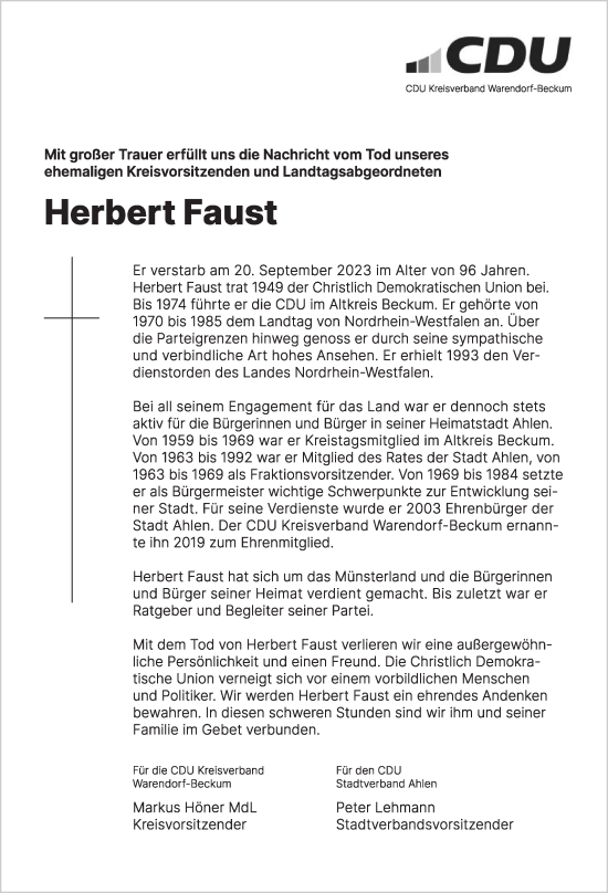 Traueranzeige von Herbert Faust von Die Glocke