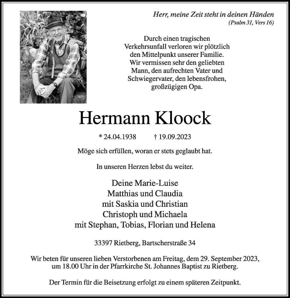  Traueranzeige für Hermann Kloock vom 27.09.2023 aus Die Glocke
