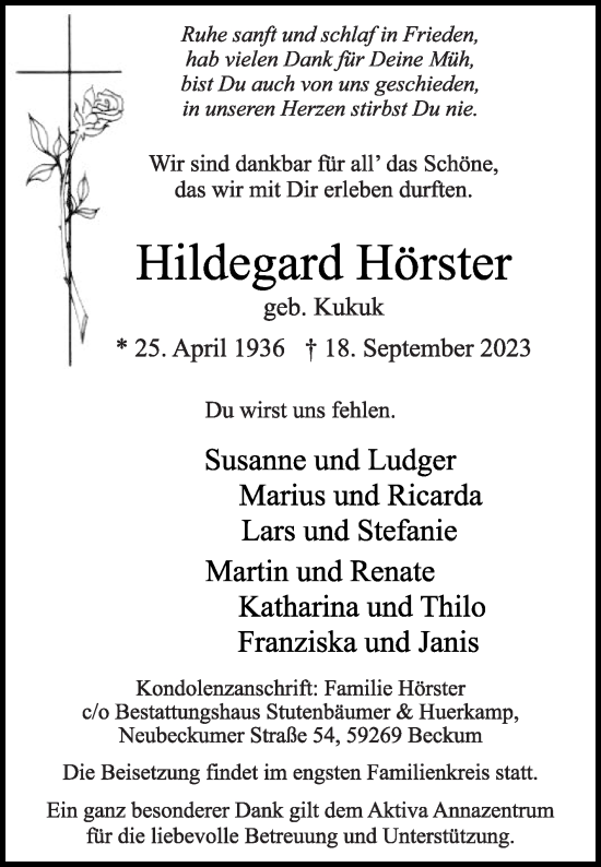 Traueranzeige von Hildegard Hörster von Die Glocke