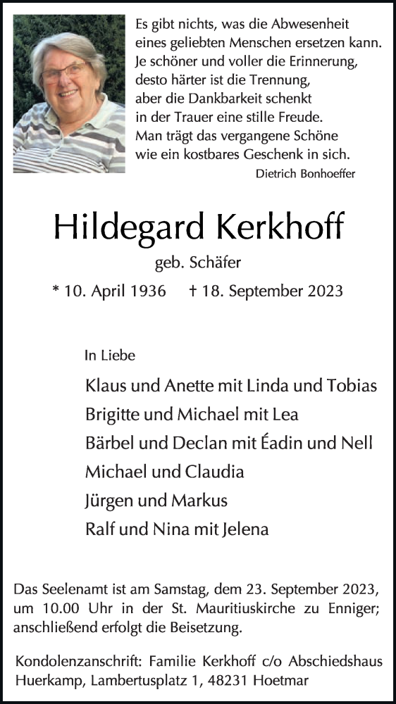 Traueranzeige für Hildegard Kerkhoff vom 21.09.2023 aus Die Glocke