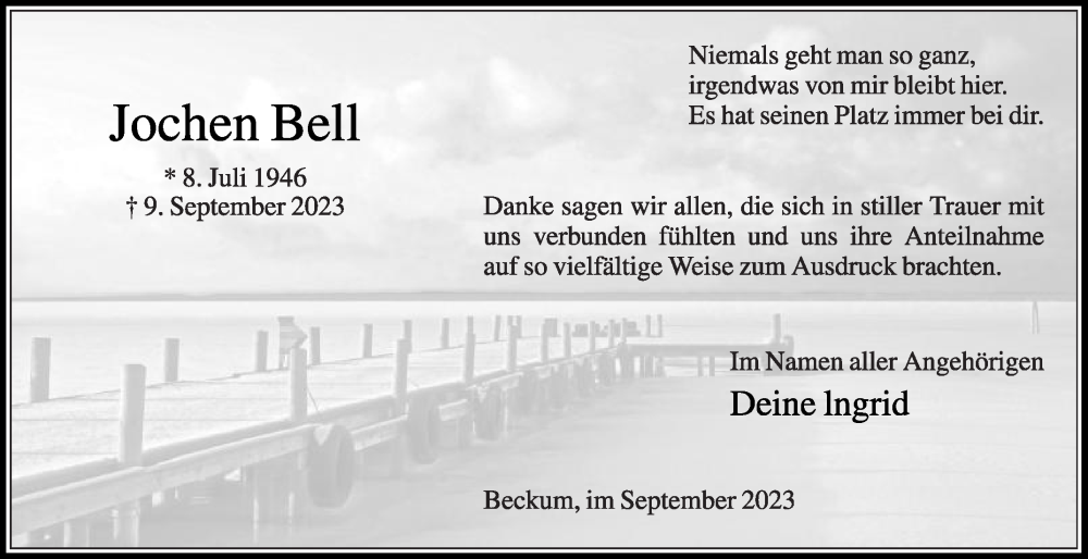  Traueranzeige für Jochen Bell vom 30.09.2023 aus Die Glocke