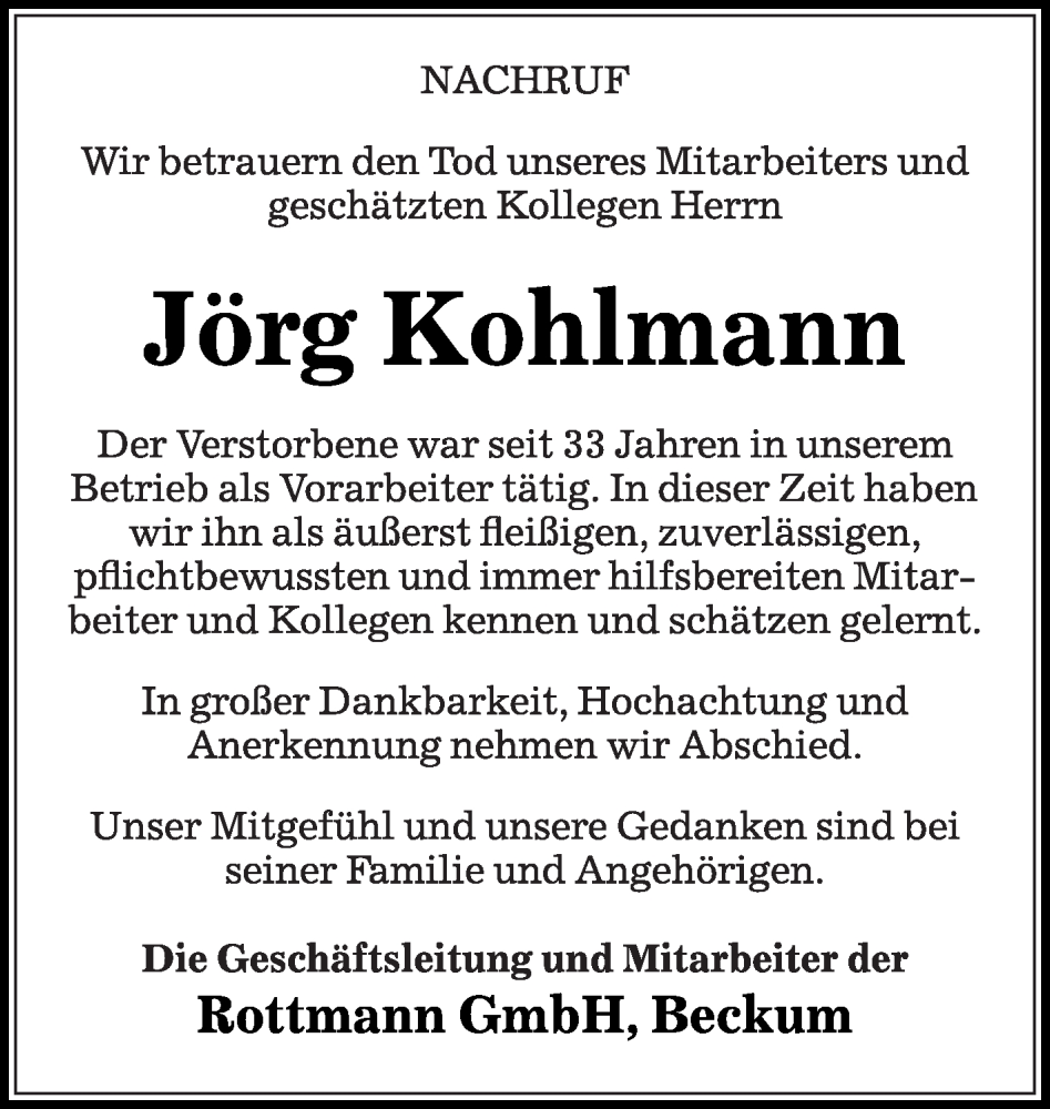  Traueranzeige für Jörg Kohlmann vom 27.09.2023 aus Die Glocke