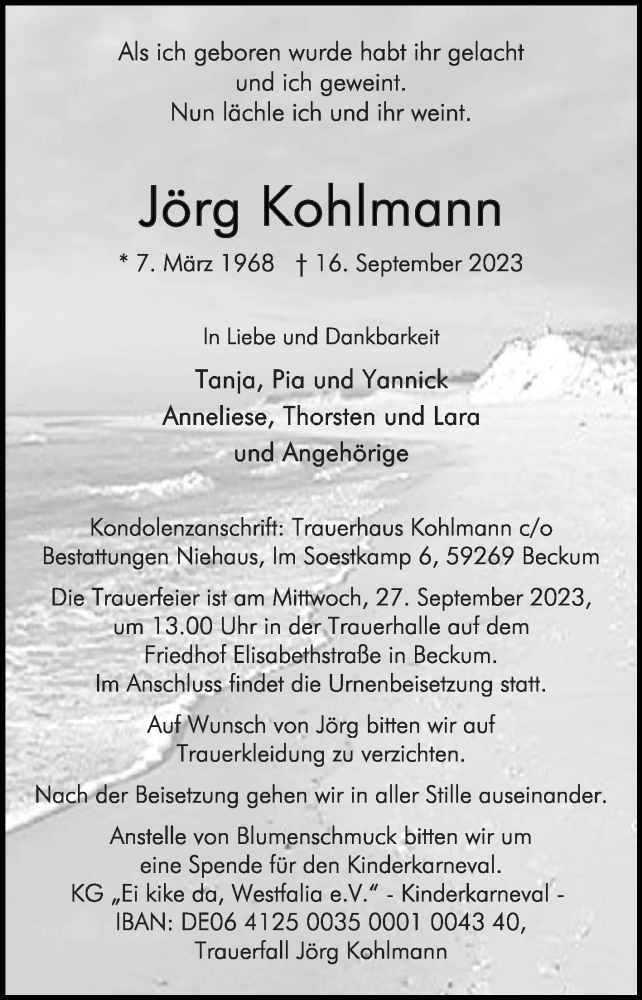  Traueranzeige für Jörg Kohlmann vom 23.09.2023 aus Die Glocke
