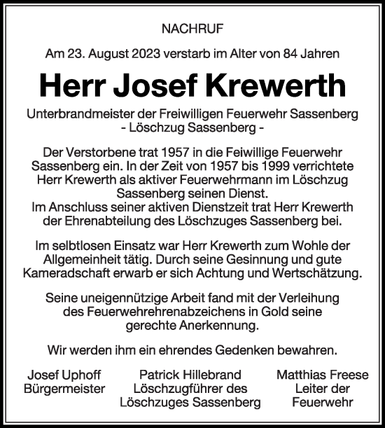 Traueranzeige von Josef Krewerth von Die Glocke