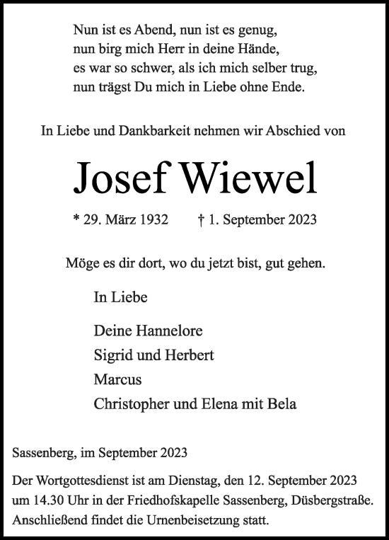 Traueranzeige von Josef Wiewel von Die Glocke