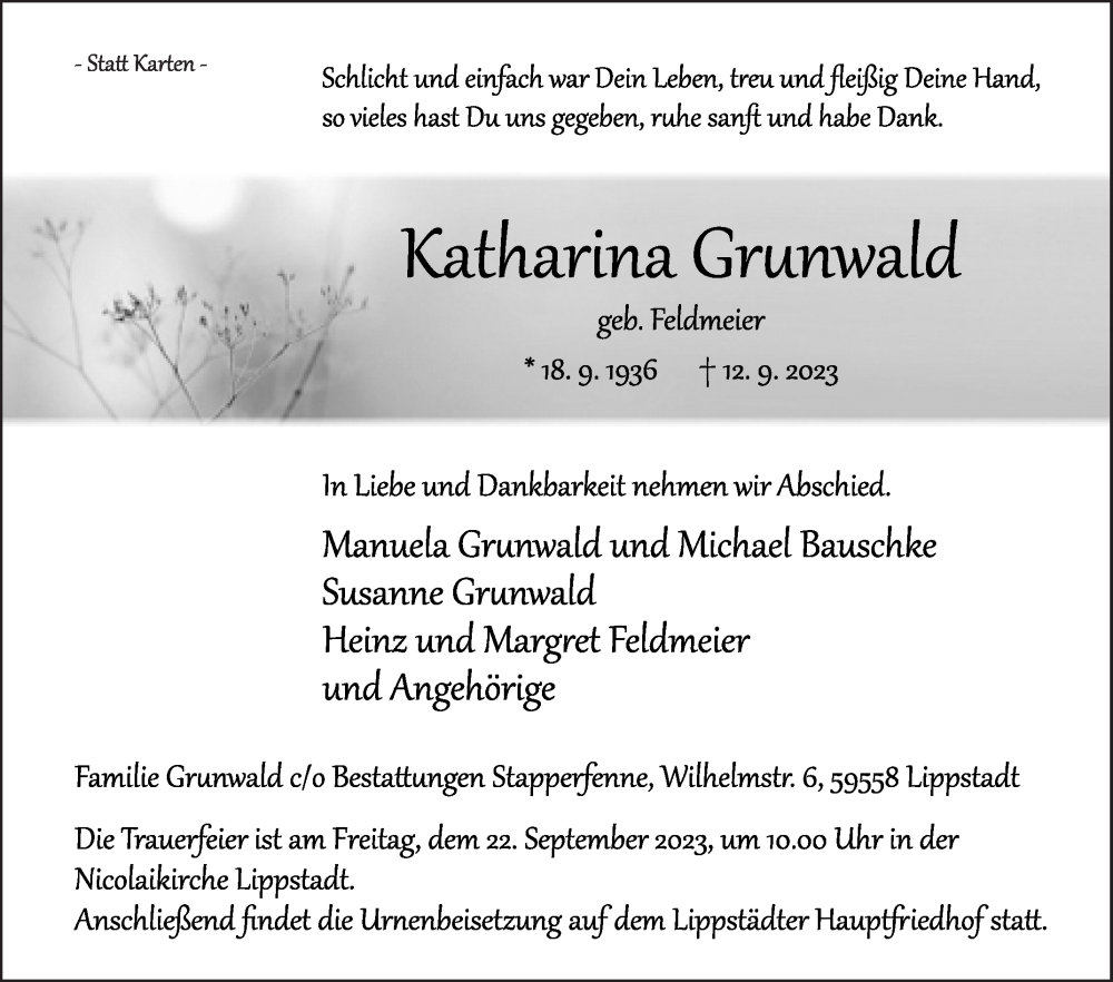  Traueranzeige für Katharina Grunwald vom 16.09.2023 aus Die Glocke