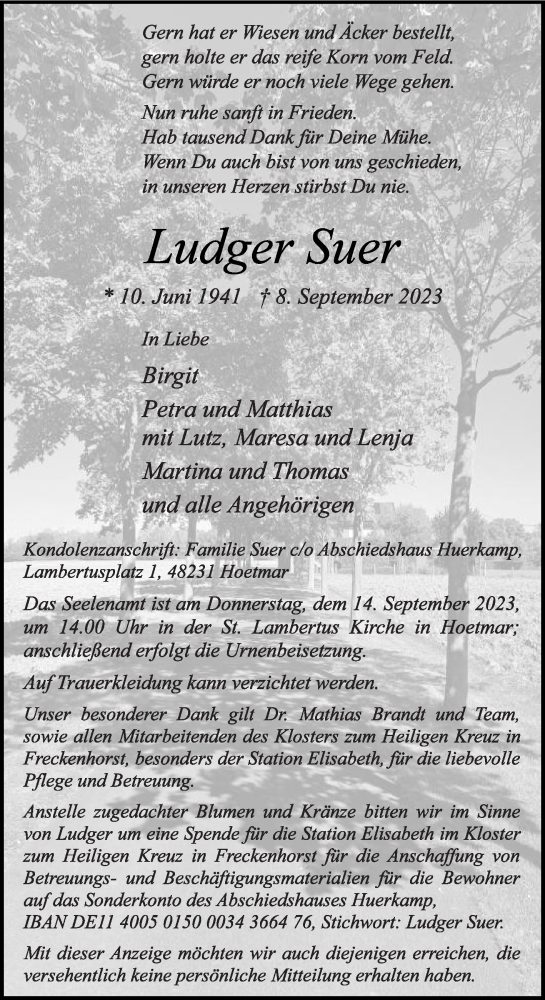 Traueranzeige von Ludger Suer von Die Glocke