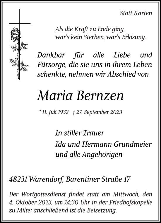 Traueranzeige von Maria Bernzen von Die Glocke