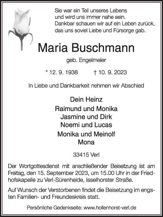 Traueranzeige von Maria Buschmann von Die Glocke