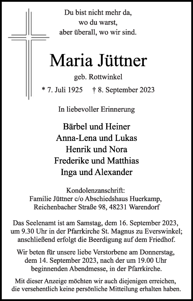  Traueranzeige für Maria Jüttner vom 12.09.2023 aus Die Glocke